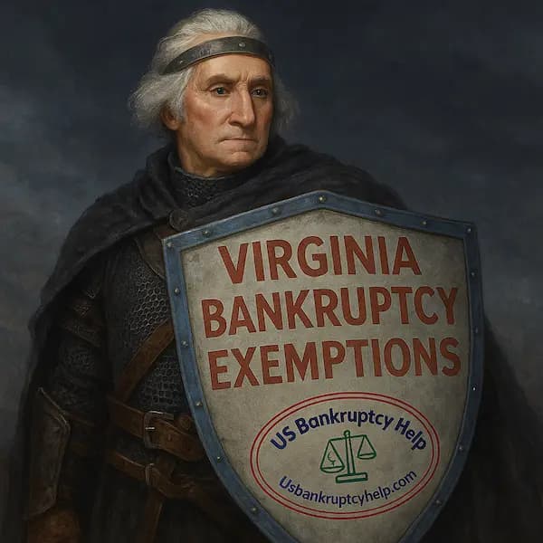 George Washington reimagined as a medieval knight holding a shield labeled “Virginia Bankruptcy Exemptions,” with the US Bankruptcy Help logo at the bottom, used as a hero image for a Virginia bankruptcy exemptions guide.