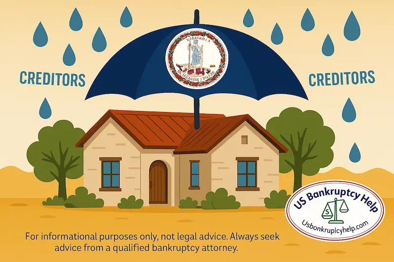 Illustration of a Virginia-style house protected by a large blue umbrella with the Virginia state seal, deflecting raindrops labeled “creditors,” with the US Bankruptcy Help logo and the disclaimer text “For informational purposes only, not legal advice. Always seek advice from a qualified bankruptcy attorney.