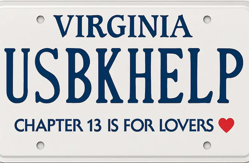 Virginia license plate graphic with custom tag reading “USBKHELP” and the slogan “Chapter 13 is for lovers” with a small red heart, used to promote Chapter 13 bankruptcy help in Virginia.