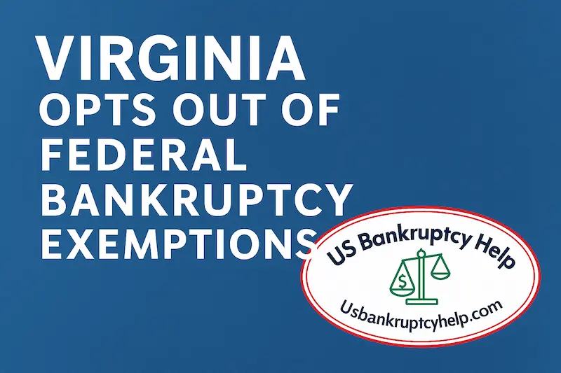 Wide blue graphic with bold white text reading “Virginia opts out of federal bankruptcy exemptions” and the US Bankruptcy Help logo in the lower right corner, used to illustrate that Virginia uses its own bankruptcy exemptions instead of the federal system.