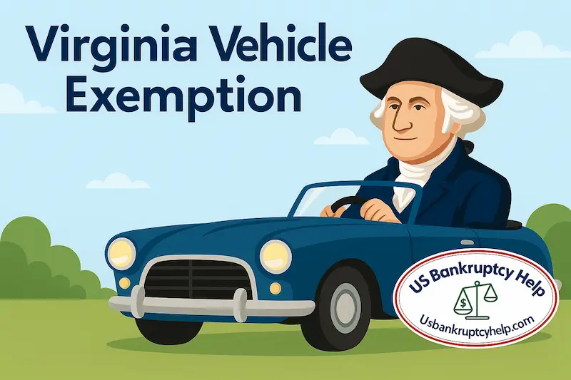 Flat-style illustration of George Washington driving a blue convertible under the heading “Virginia Vehicle Exemption,” with trees and sky in the background and the US Bankruptcy Help logo in the lower right corner, used to illustrate how Virginia’s vehicle exemption protects car equity in bankruptcy.