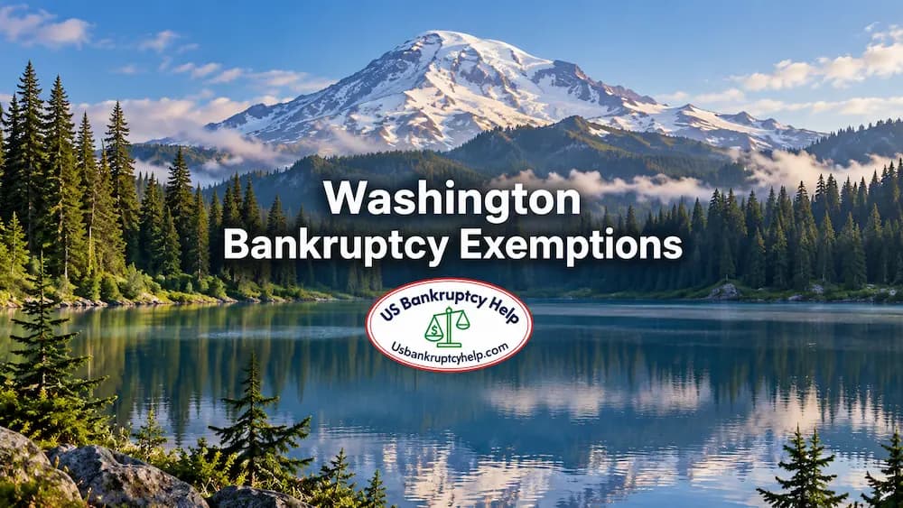 Washington Bankruptcy Exemptions title over Mount Rainier and an alpine lake, with the USBankruptcyHelp.com logo.