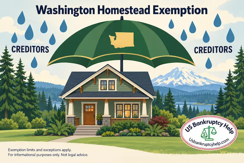 Washington homestead exemption illustrated by an umbrella shielding a Craftsman home from creditor rain, with Mount Rainier in the background.