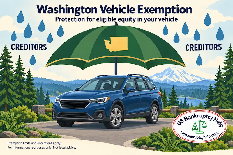 Umbrella shielding a blue car from creditor rain, representing Washington’s exemption protection for eligible vehicle equity.