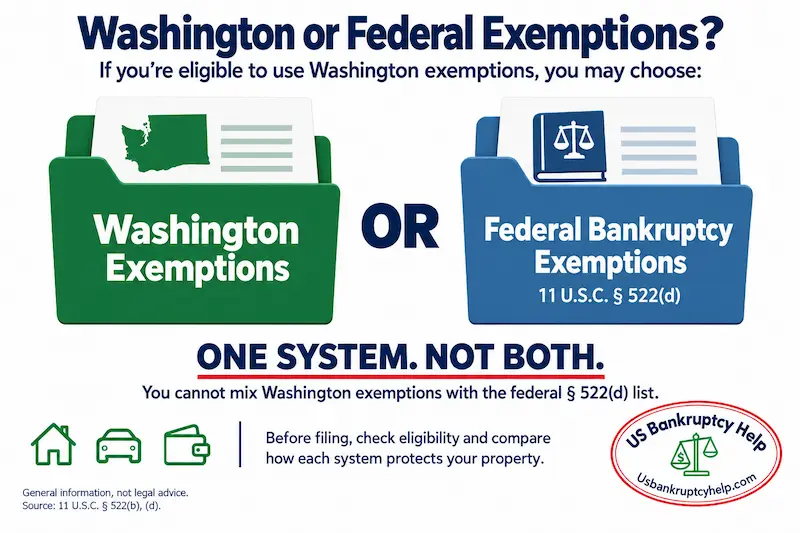 Washington and federal bankruptcy exemption folders separated by “OR,” showing that eligible filers must choose one system without mixing the two lists.