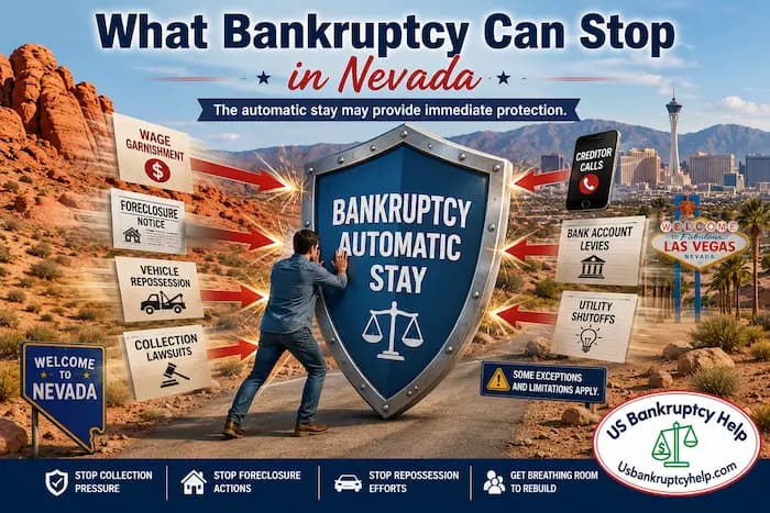 Nevada bankruptcy automatic stay infographic showing protection from wage garnishment, foreclosure, repossession, collection lawsuits, creditor calls, bank levies, and utility shutoffs.