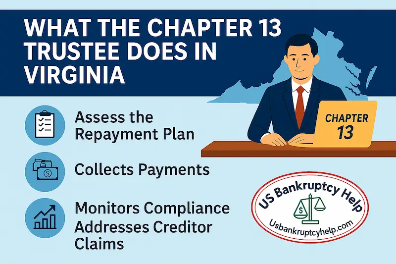 Infographic titled “What the Chapter 13 Trustee Does in Virginia” showing a trustee at a desk with a map of Virginia in the background, bullet points explaining that the trustee assesses the repayment plan, collects payments, monitors compliance, and addresses creditor claims, with the US Bankruptcy Help logo in the corner.