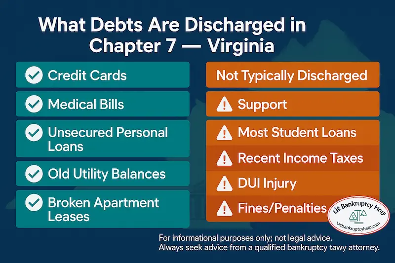 Two-column infographic titled "What Debts Are Discharged in Chapter 7 — Virginia," showing on the left a teal list of debts typically discharged in Chapter 7 (credit cards, medical bills, unsecured personal loans, old utility balances, broken apartment leases) and on the right an orange list of debts not typically discharged (support, most student loans, recent income taxes, DUI injury, fines/penalties), with the US Bankruptcy Help logo in the bottom corner and a disclaimer reading "For informational purposes only, not legal advice. Always seek advice from a qualified bankruptcy attorney."