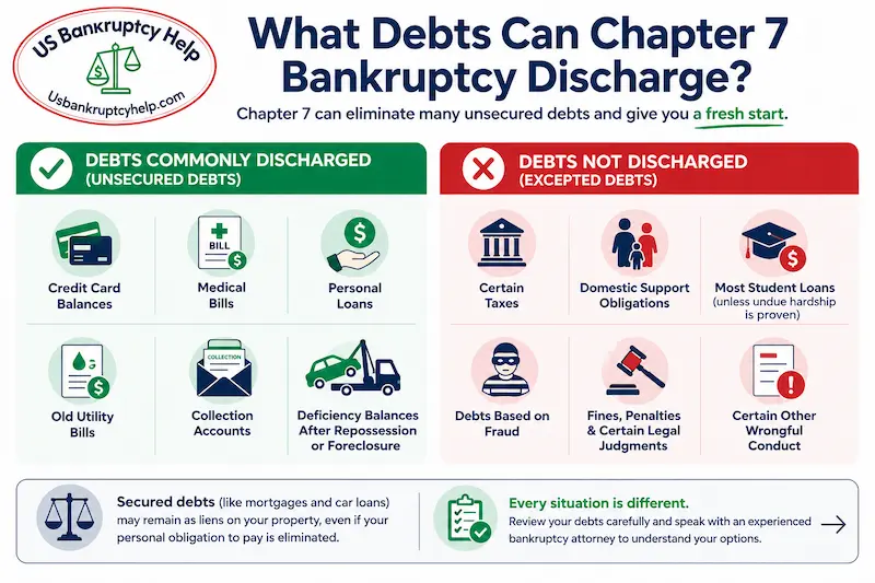 Infographic explaining what debts chapter 7 bankruptcy can discharge, including commonly discharged unsecured debts such as credit card balances, medical bills, personal loans, old utility bills, collection accounts, and deficiency balances, along with debts usually not discharged such as certain taxes, domestic support obligations, most student loans, and debts based on fraud, plus a note about secured debts like mortgages and car loans.