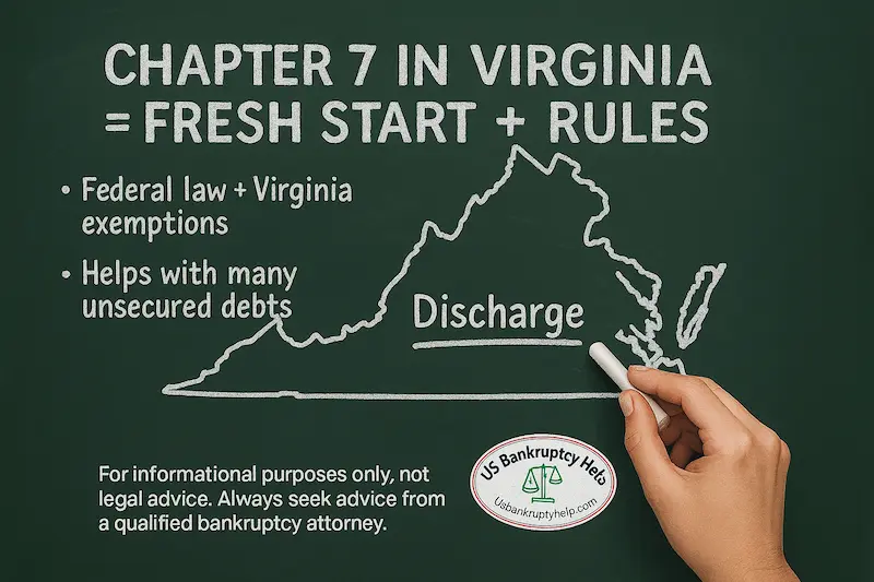 Chalkboard-style graphic explaining what Chapter 7 bankruptcy in Virginia is, with the outline of Virginia drawn in white, the words "Chapter 7 in Virginia = Fresh Start + Rules" at the top, bullet points reading "Federal law + Virginia exemptions" and "Helps with many unsecured debts," the word "Discharge" underlined inside the state outline, a hand holding a piece of chalk in the lower right, the US Bankruptcy Help logo near the bottom, and a disclaimer reading "For informational purposes only, not legal advice. Always seek advice from a qualified bankruptcy attorney."