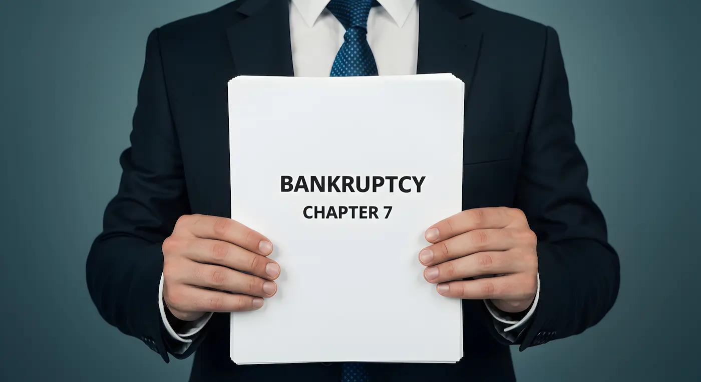 Man holding a document labeled “Bankruptcy Chapter 7” to illustrate chapter 7 bankruptcy information and debt relief guidance.
