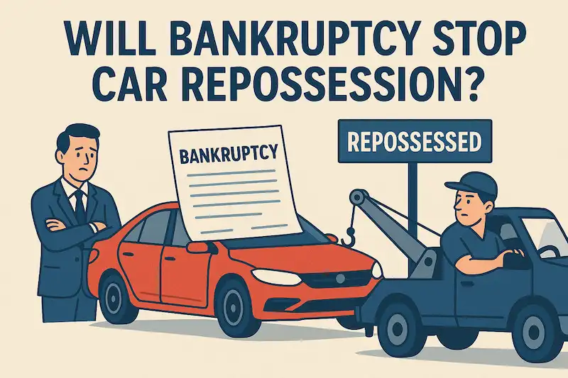 Cartoon image of a man watching a tow truck take away his car with a heading that says 'Will bankruptcy stop car repossession?'