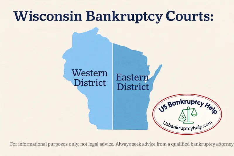 Graphic of Wisconsin divided into Western and Eastern regions with courthouse icons and labels for the Western District and Eastern District Bankruptcy Courts, branded with the US Bankruptcy Help logo.