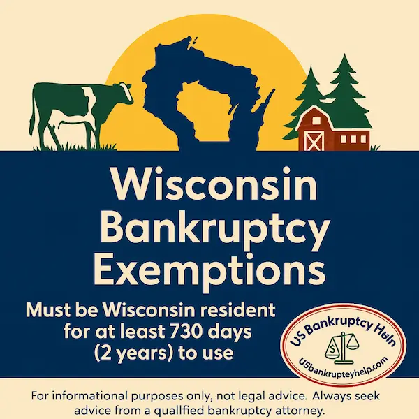 Infographic titled “Wisconsin Bankruptcy Exemptions” showing a silhouette of Wisconsin with a cow, pine trees, and a red barn above a navy banner that reads “Must be Wisconsin resident for at least 730 days (2 years) to use,” with the US Bankruptcy Help logo and a disclaimer along the bottom.