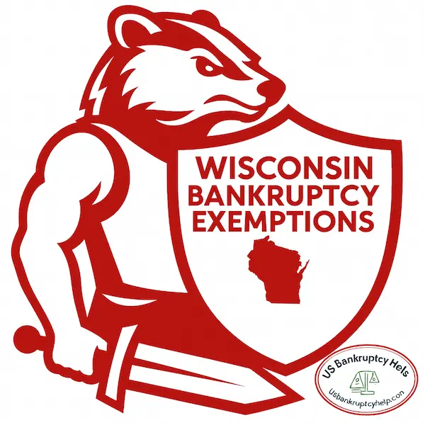Bold red and white illustration of a fierce badger mascot holding a large shield labeled “Wisconsin Bankruptcy Exemptions” with a red outline of the state of Wisconsin, styled in University of Wisconsin colors, with the U.S. Bankruptcy Help logo in the lower corner.