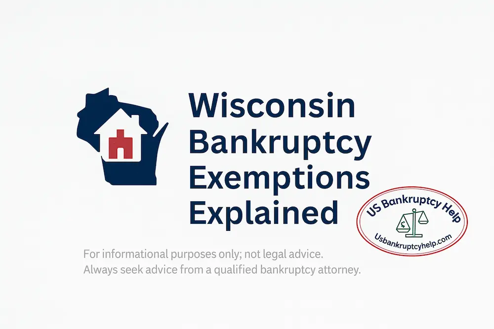 Illustrated hero image for a Wisconsin bankruptcy exemptions guide showing a Wisconsin neighborhood with a modest home, a faint outline of the state of Wisconsin in the background, and a calm couple reviewing their bankruptcy plan under a protective shield motif, with the U.S. Bankruptcy Help logo in the corner and text that reads “Wisconsin Bankruptcy Exemptions, Explained – Protecting Your Home, Car, Retirement, And Essential Property.”
