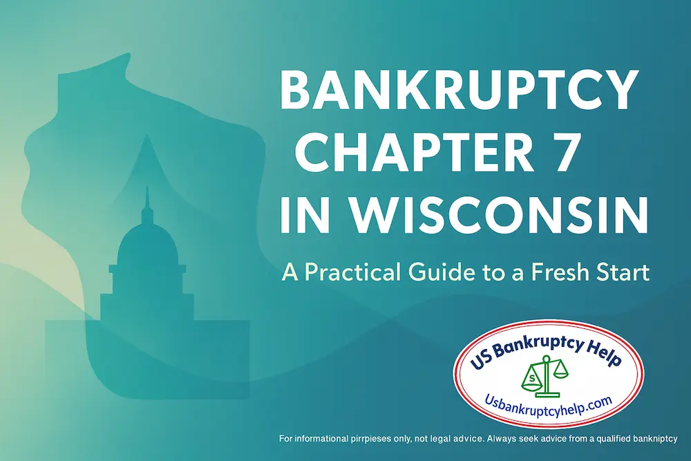 Wisconsin chapter 7 bankruptcy hero image showing a Wisconsin family reviewing paperwork at a kitchen table with a soft outline of the state and a courthouse silhouette in the background, branded with the US Bankruptcy Help logo.