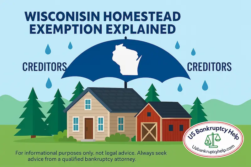 Illustration of a Wisconsin farmhouse and red barn protected by a large blue umbrella with the outline of Wisconsin on it, blocking raindrops labeled creditors, with pine trees and rolling hills in the background and the U.S. Bankruptcy Help logo and disclaimer along the bottom, symbolizing the Wisconsin homestead exemption in bankruptcy.