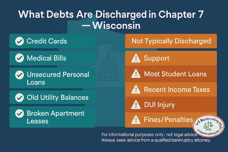 Infographic titled “What Debts Are Discharged in Chapter 7 — Wisconsin,” showing a checklist of commonly discharged debts like credit cards, medical bills, unsecured personal loans, old utility balances, and broken apartment leases on the left, and a warning list of debts not typically discharged, including support, most student loans, recent income taxes, DUI injury debts, and fines or penalties, with the US Bankruptcy Help logo and a disclaimer at the bottom.