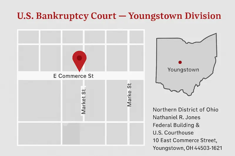 U.S. Bankruptcy Court, Youngstown Division map at Nathaniel R. Jones Federal Building, 10 E Commerce St, Youngstown, OH 44503.
