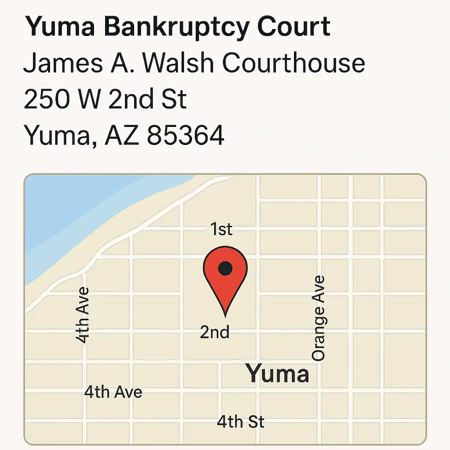 Yuma Bankruptcy Court — James A. Walsh Courthouse, 250 W 2nd St, Yuma, AZ 85364, with map pin near 2nd St between 4th Ave and Orange Ave.